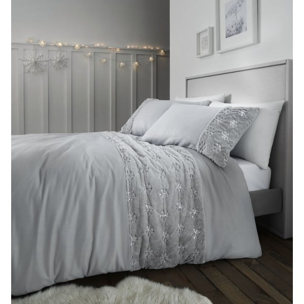 Lenjerie de pat din fleece Catherine Lansfield Snowflake, 135 x 200 cm, gri