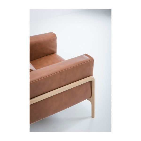 Fotoliu din piele bovină cu structură din lemn masiv de stejar Gazzda Fawn, maro cognac-image-3