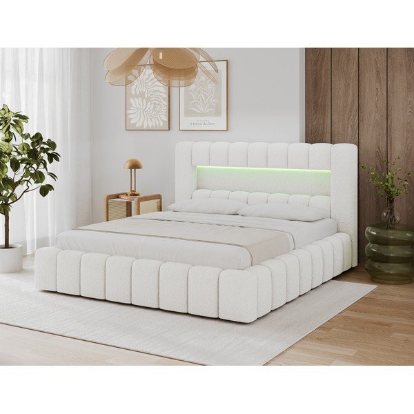 Pat matrimonial crem tapițat cu spațiu de depozitare cu somieră 160x200 cm Lamica – ELTAP-image-4