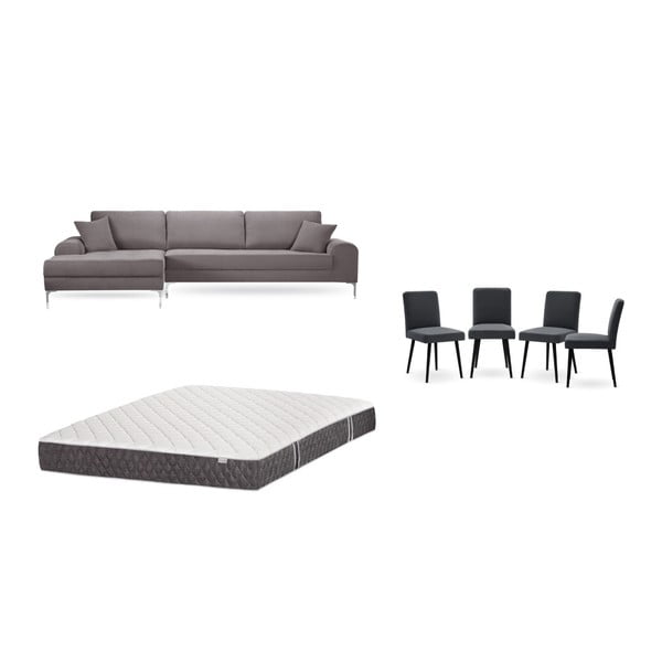 Set canapea maro cu șezut pe partea stângă, 4 scaune gri antracit, o saltea 160 x 200 cm Home Essentials