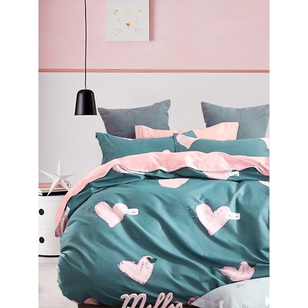Lenjerie de pat verde/roz din bumbac ranforcé pentru pat dublu/extinsă cu cearceaf inclus/cu 4 piese 200x220 cm Beloved – Mila Home