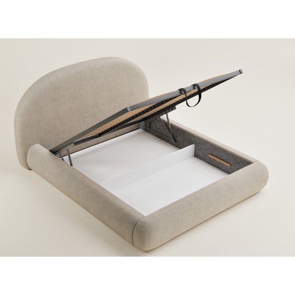 Pat matrimonial bej tapițat cu spațiu de depozitare cu somieră 160x200 cm Maumere – Maison de Rêve-image-3