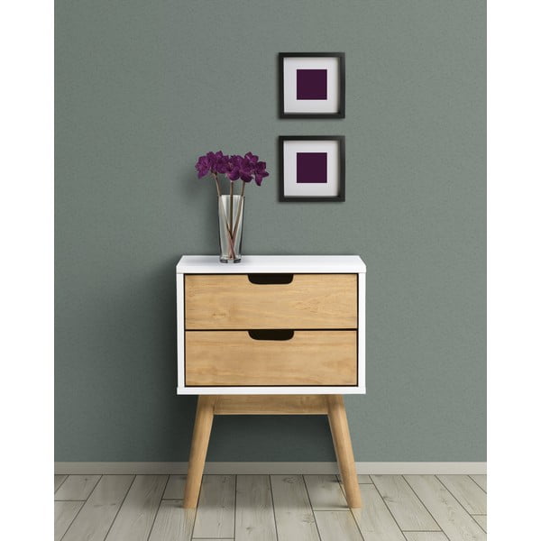 Noptieră din lemn masiv de pin Marckeric Baku, alb-natural-image-1