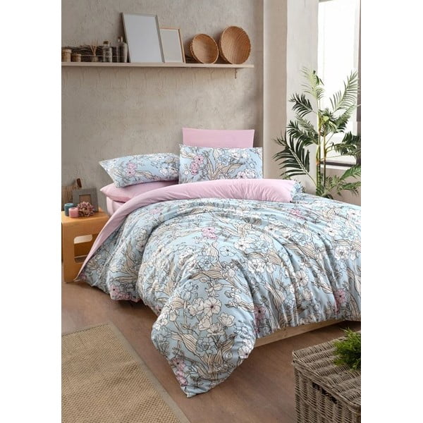 Lenjerie de pat albastră/roz pentru pat dublu/extinsă cu cearceaf inclus/cu 4 piese 160x220 cm Floral – Mila Home