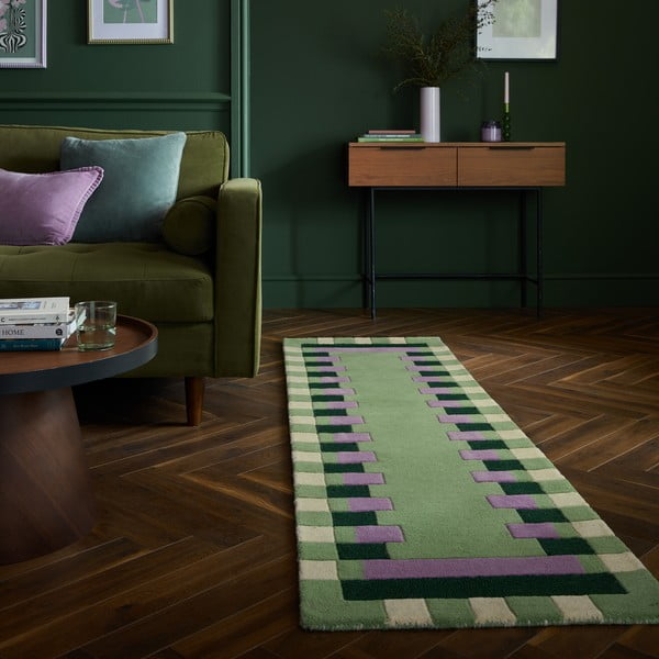 Covor tip traversă verde/mov țesut manual din lână 60x230 cm Kai Wool Border – Flair Rugs-image-1