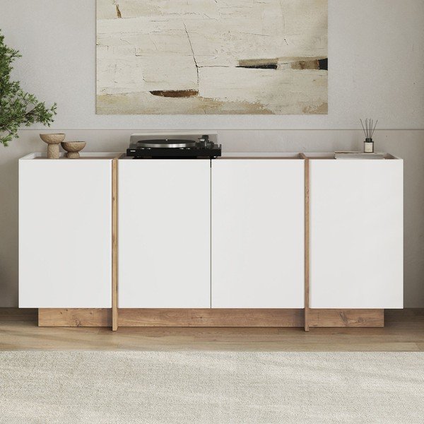 Comodă albă cu aspect de lemn de pin cu orificiu pentru cabluri 180x80x45 cm Dorma – Kalune Design-image-1