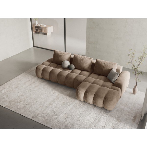 Colțar maro deschis extensibil/cu spațiu de depozitare cu tapițerie din catifea (cu colț pe partea dreaptă/cu șezlong) Linz – Cosmopolitan Design-image-1