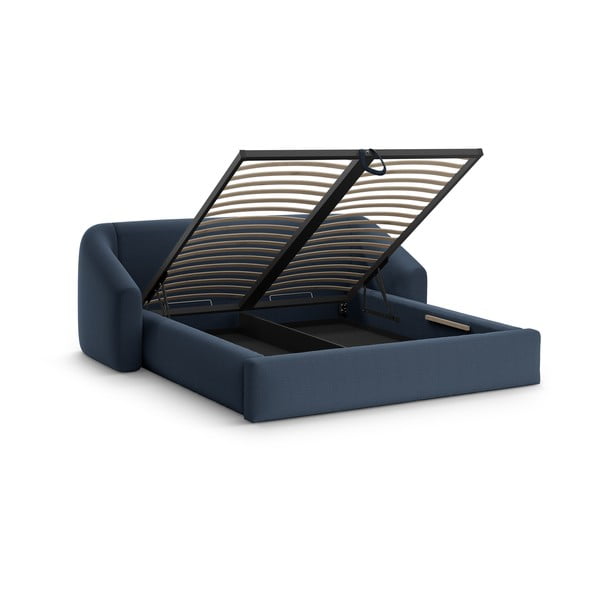 Pat matrimonial albastru închis tapițat cu spațiu de depozitare cu somieră 200x200 cm Campi – Cosmopolitan Design-image-2