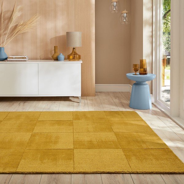 Covor galben ocru țesut manual din lână 120x170 cm Demi Check Ombre – Flair Rugs-image-1