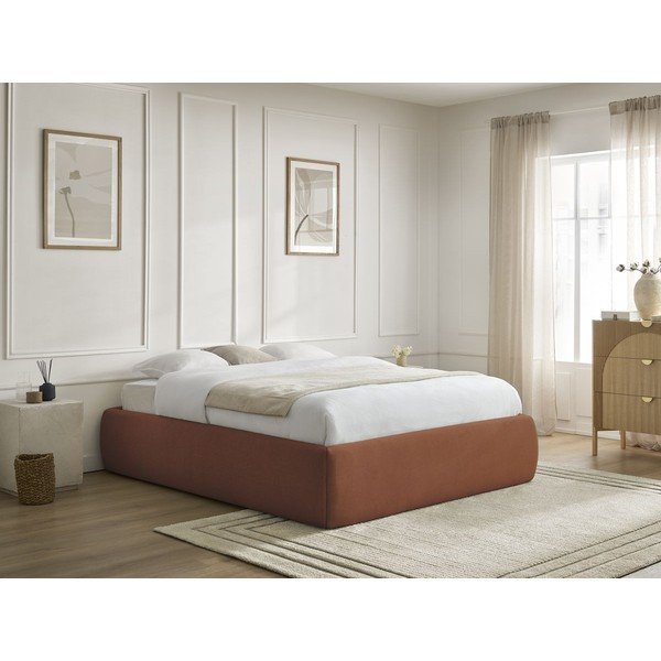 Pat matrimonial portocaliu tapițat cu spațiu de depozitare/fără tăblie cu somieră 160x200 cm Inera – Bobochic Paris-image-1