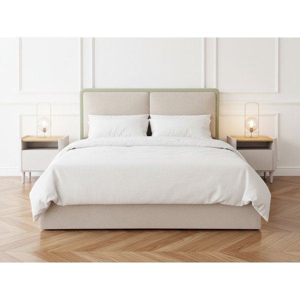 Pat matrimonial bej tapițat cu spațiu de depozitare cu somieră 180x200 cm Mara – Bobochic Paris-image-3