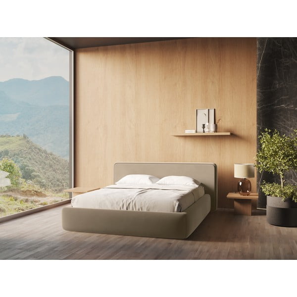 Pat matrimonial maro deschis tapițat cu spațiu de depozitare cu somieră 160x200 cm Kiana – Makamii-image-1