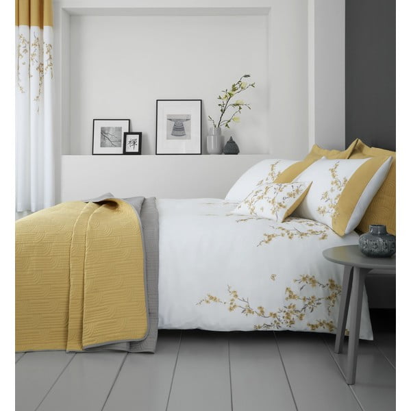 Lenjerie de pat Catherine Lansfield Embroidered Blossom, 200 x 200 cm, alb - galben-image-1