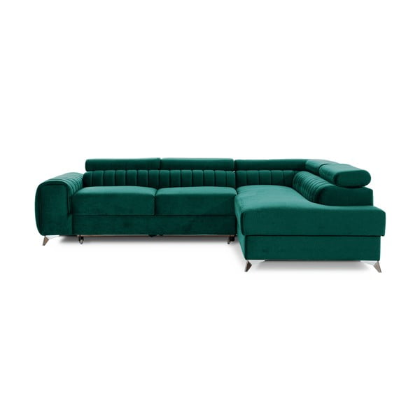 Colțar verde extensibil/cu spațiu de depozitare cu tapițerie din catifea (cu colț pe partea dreaptă/în formă de ”L”) Laurence – ELTAP