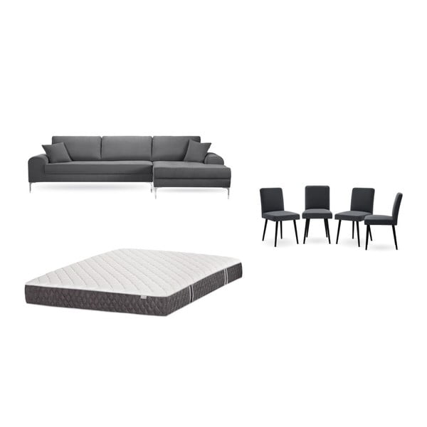 Set canapea gri cu șezlong pe partea dreaptă, 4 scaune gri antracit și saltea 160 x 200 cm Home Essentials