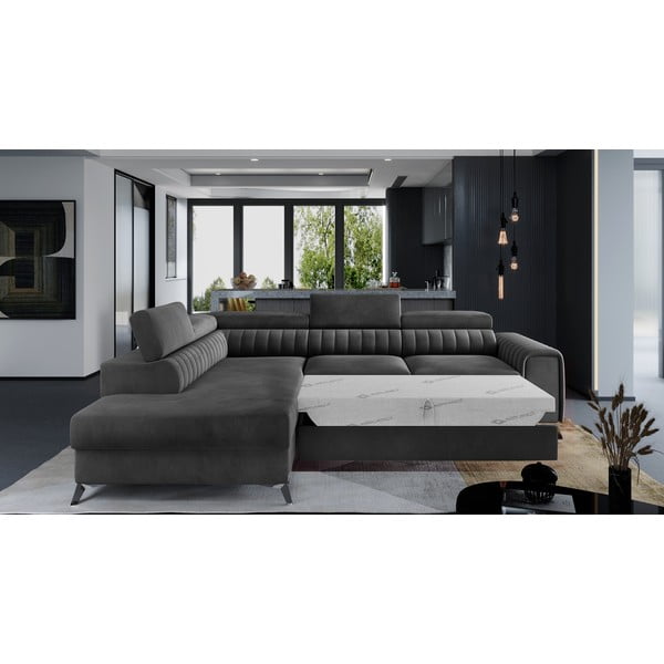 Colțar gri închis extensibil/cu spațiu de depozitare cu tapițerie din catifea (cu colț pe partea stângă/în formă de ”L”) Laurence – ELTAP-image-2