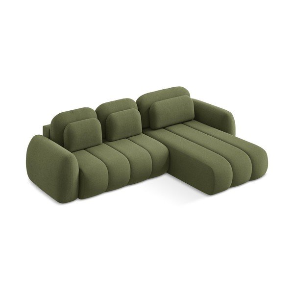 Colțar verde extensibil/cu spațiu de depozitare cu tapițerie din țesătură bouclé (cu colț pe partea dreaptă/cu șezlong) Pele – Makamii-image-2