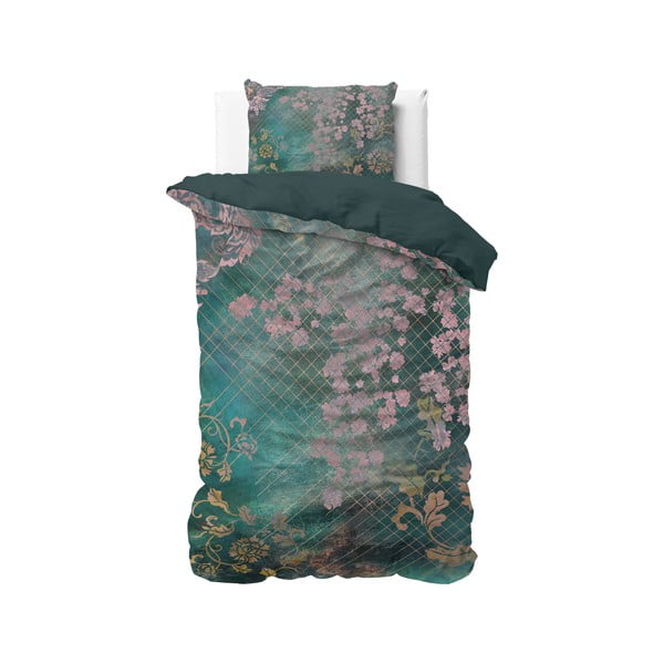 Lenjerie de pat din bumbac, pentru pat de o persoană Pure Cotton Tiran Flower Green, 140 x 200 cm