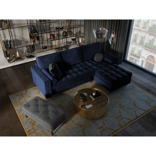 Colțar extensibil din catifea cu șezlong dreapta Milo Casa Santo, albastru-image-1