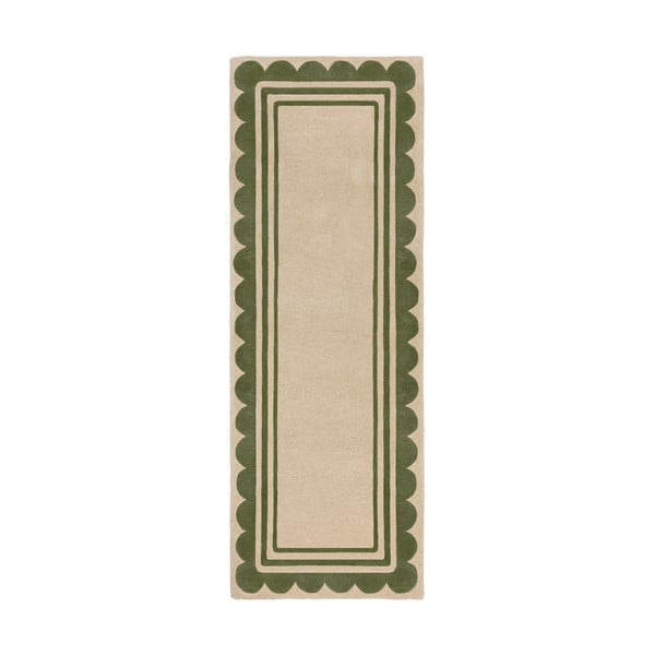 Covor tip traversă verde/în culoare naturală țesut manual din lână 80x230 cm Lois Scallop – Flair Rugs