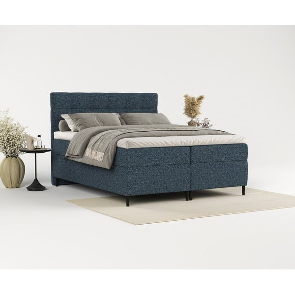 Pat boxspring albastru închis cu spațiu de depozitare 200x200 cm Urbaneo – Maison de Rêve-image-1