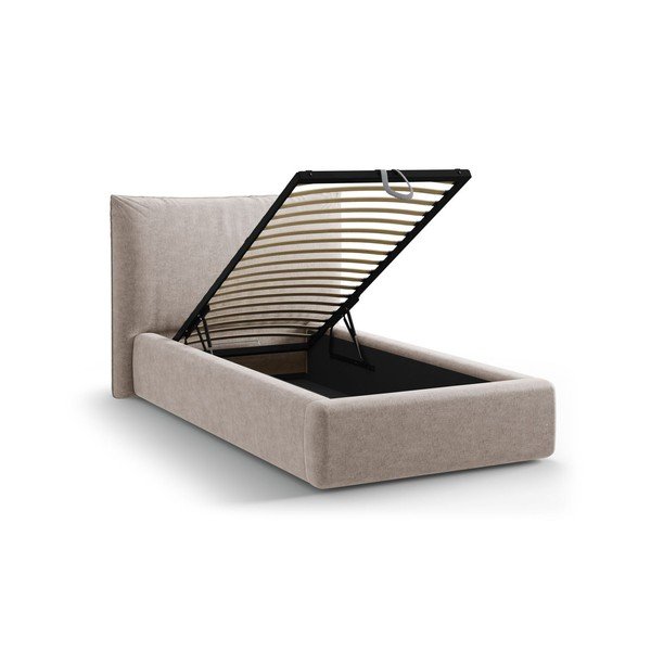 Pat bej tapițat cu spațiu de depozitare cu somieră 90x200 cm Kaelle – Micadoni -image-1