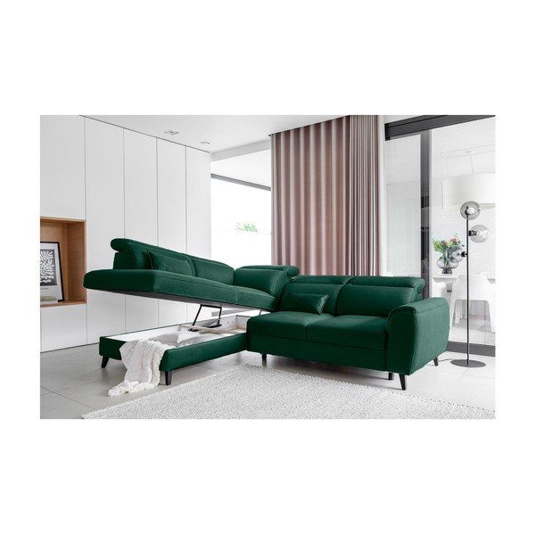 Colțar verde extensibil/cu spațiu de depozitare cu tapițerie din catifea (cu colț pe partea stângă/în formă de ”L”) Noble – ELTAP-image-3