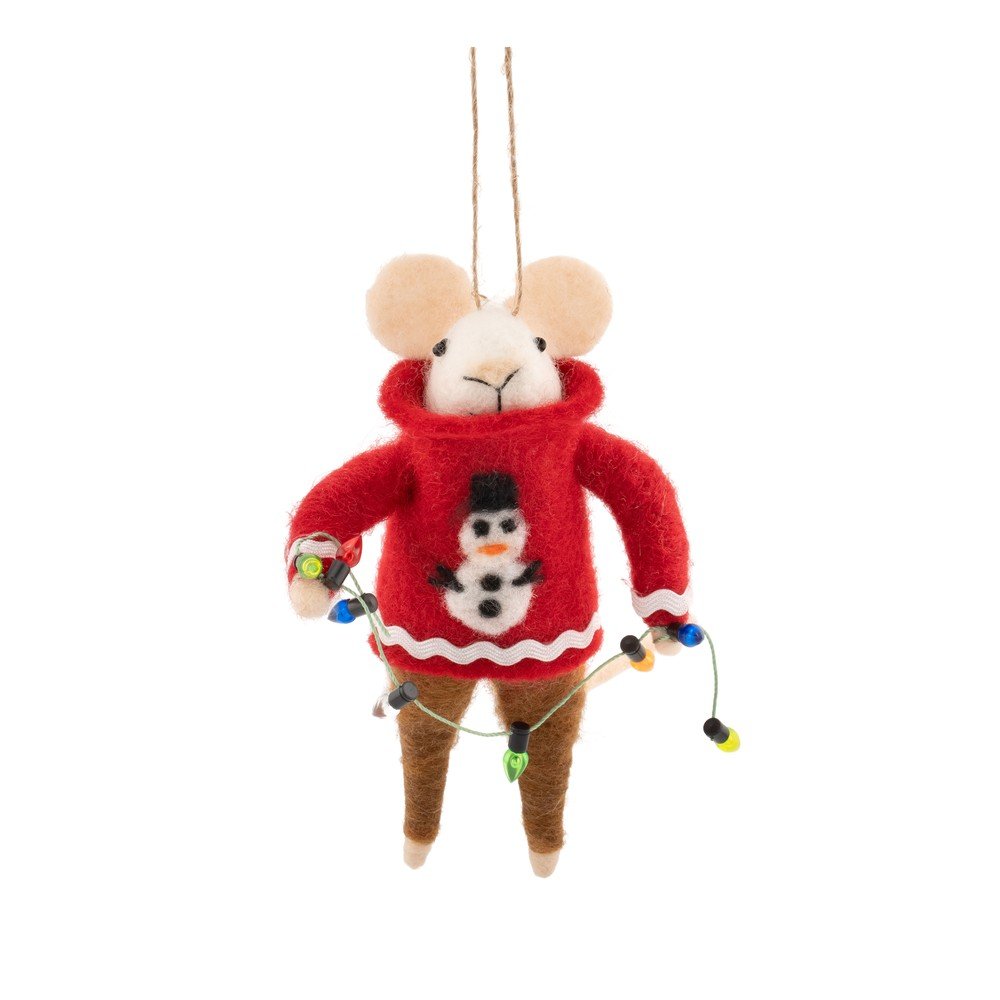 Ornament de Craciun din material textil 6 cm Mouse in Snowman Jumper with Fairy Lights – Sass & Belle