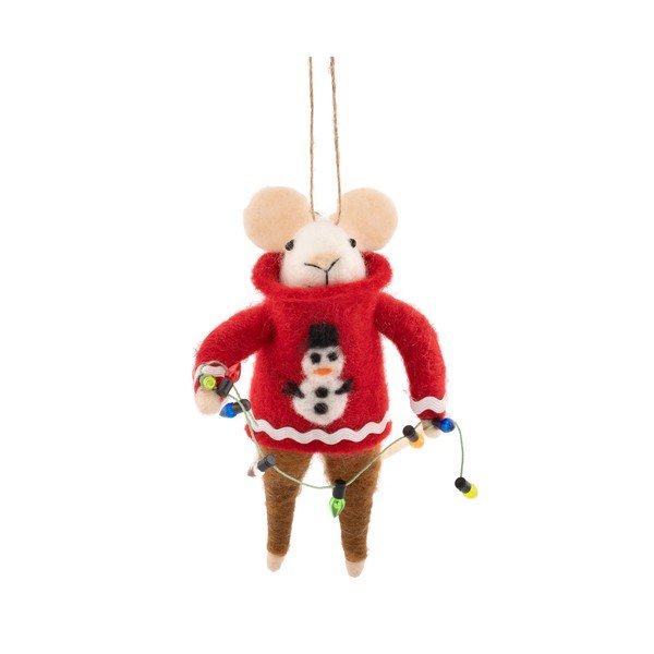 Ornament de Crăciun din material textil 6 cm Mouse in Snowman Jumper with Fairy Lights – Sass & Belle