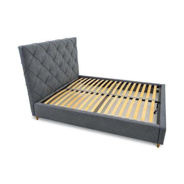 Pat matrimonial gri tapițat cu spațiu de depozitare și somieră 160x200 cm Bee – Scandic-image-4