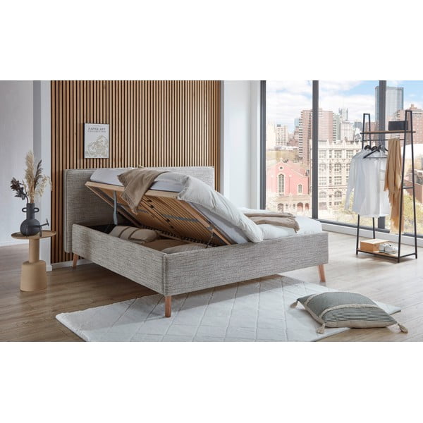 Pat matrimonial bej tapițat cu spațiu de depozitare cu somieră 180x200 cm Riva – Meise Möbel-image-1