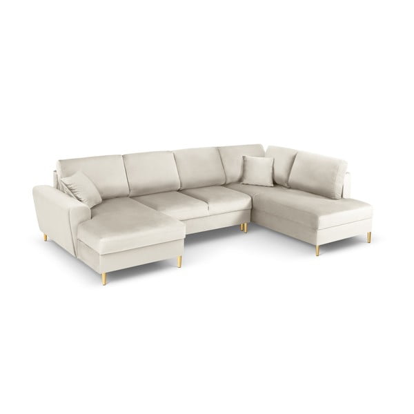 Colțar bej extensibil, cu spațiu de depozitare cu tapițerie din catifea (cu colț pe partea dreaptă, în formă de "U") Kyoto – Cosmopolitan Design-image-1