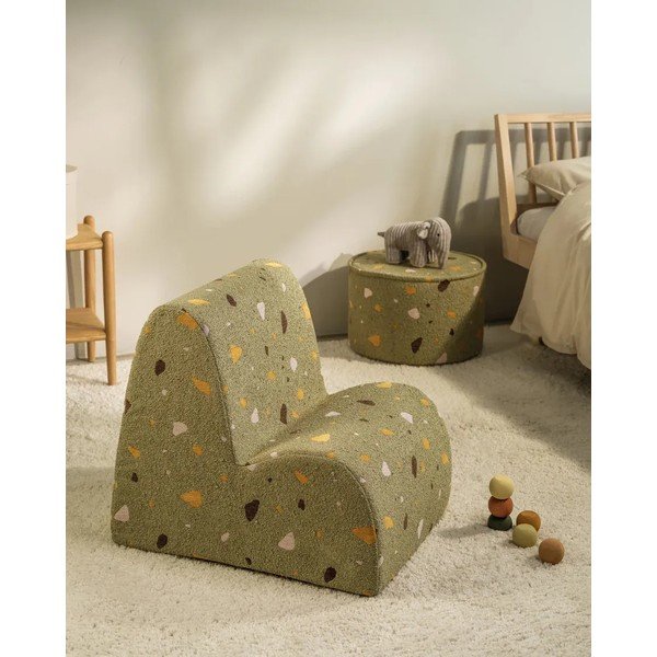 Puf de copii verde cu tapițerie din țesătură bouclé/cu tapițerie din chenille Terrazzo – Wigiwama-image-2