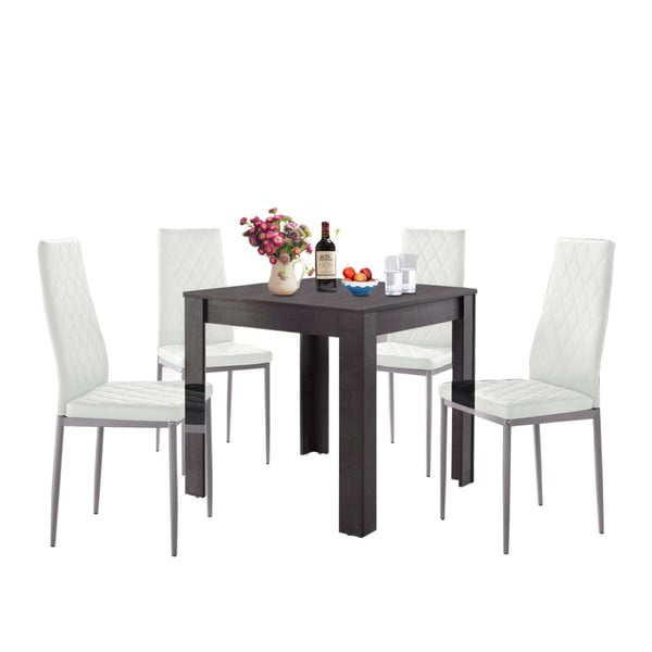 Set masă cu aspect de beton și 4 scaune albe Støraa Lori and Barak, 80 x 80 cm