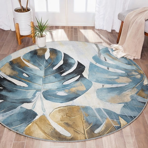 Covor albastru lavabil rotund ø 150 cm Golden Leaves – Mila Home-image-1