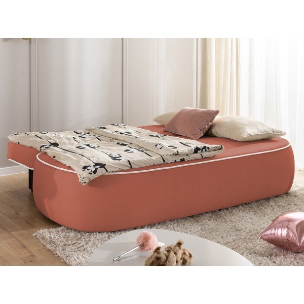 Canapea pentru copii roz/gri deschis extensibilă/cu spațiu de depozitare cu tapițerie din catifea 210 cm Saga – Ropez-image-4