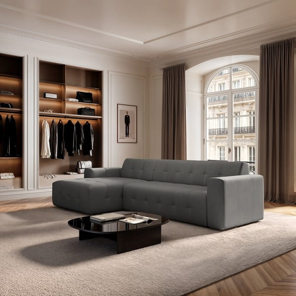 Colțar gri cu tapițerie din catifea (cu colț pe partea stângă, cu șezlong) Tuil – Rodier-image-1