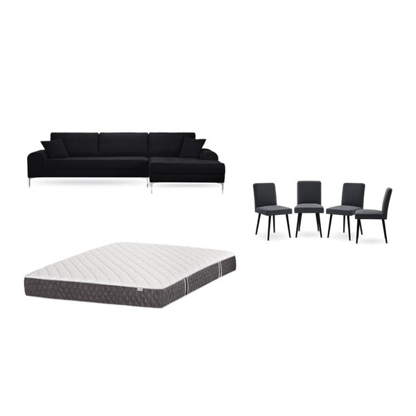 Set canapea neagră cu șezlong pe partea dreaptă, 4 scaune gri antracit și saltea 160 x 200 cm Home Essentials