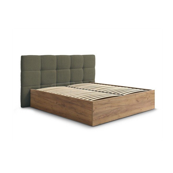 Pat matrimonial verde tapițat/din  placă aglomerată de lemn tapițat cu spațiu de depozitare cu somieră 180x200 cm Kumo – Bobochic Paris