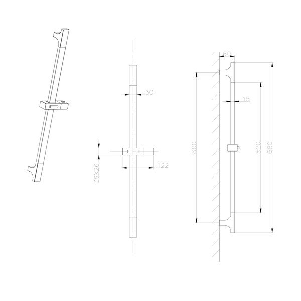 Tijă de duș argintiu-lucios de montat pe perete din oțel inoxidabil 68 cm cu suport glisant – Sapho-image-1