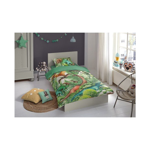 Lenjerie de pat din bumbac pentru copii Good Morning Prehistory Green, 140 x 200 cm-image-1