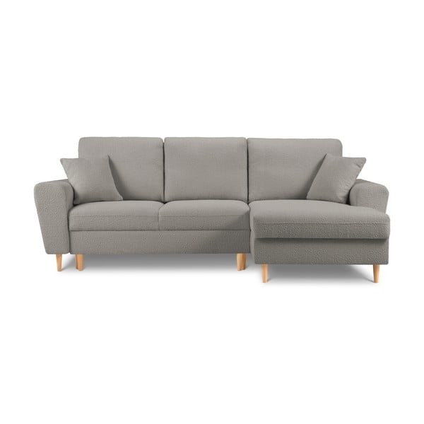 Colțar gri deschis extensibil, cu spațiu de depozitare cu tapițerie din țesătură bouclé (cu colț pe partea dreaptă, cu șezlong) Kyoto – Cosmopolitan Design