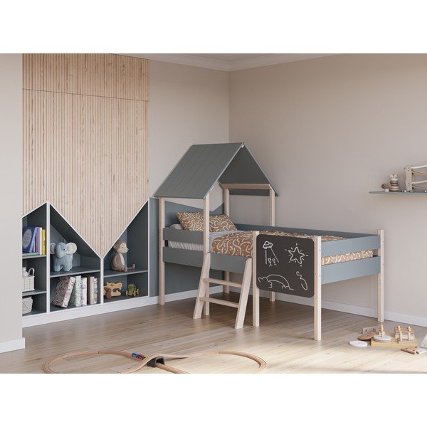 Pat pentru copii  verde prăfuit de tip casă/înalt din lemn de pin cu somieră 90x190 cm Mint – Marckeric-image-1