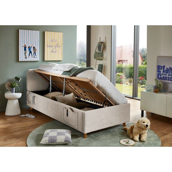 Pat pentru copii  bej cu spațiu de depozitare cu somieră 90x200 cm Cosy – Meise Möbel-image-2