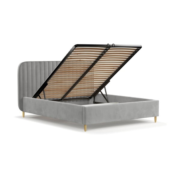 Pat matrimonial gri tapițat cu spațiu de depozitare cu somieră 160x200 cm Noto – Maison de Rêve-image-3