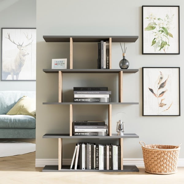 Bibliotecă gri/cu aspect de lemn de stejar 90x127 cm Harmon – Kalune Design-image-1
