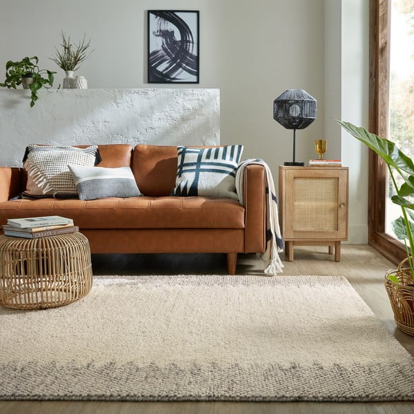 Covor crem țesut manual din amestesc de lână 160x230 cm Minerals Border – Flair Rugs-image-1