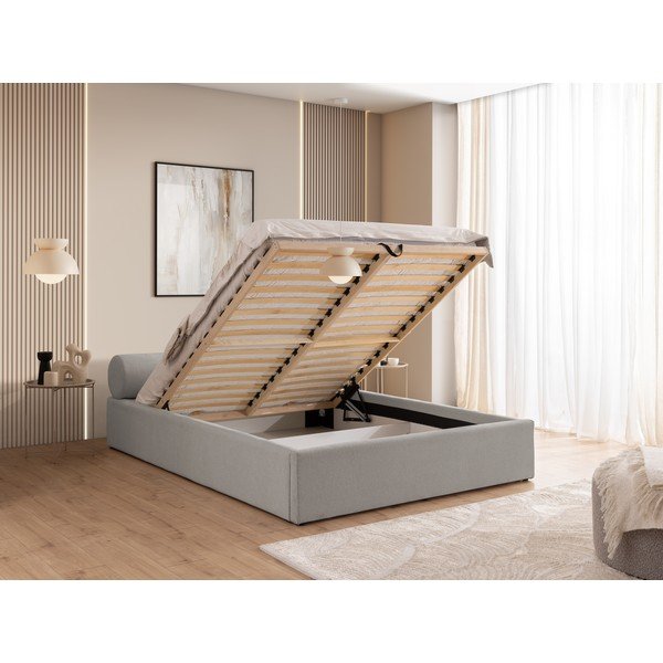 Pat matrimonial gri deschis tapițat cu spațiu de depozitare cu somieră 140x200 cm Cille – Ropez-image-4