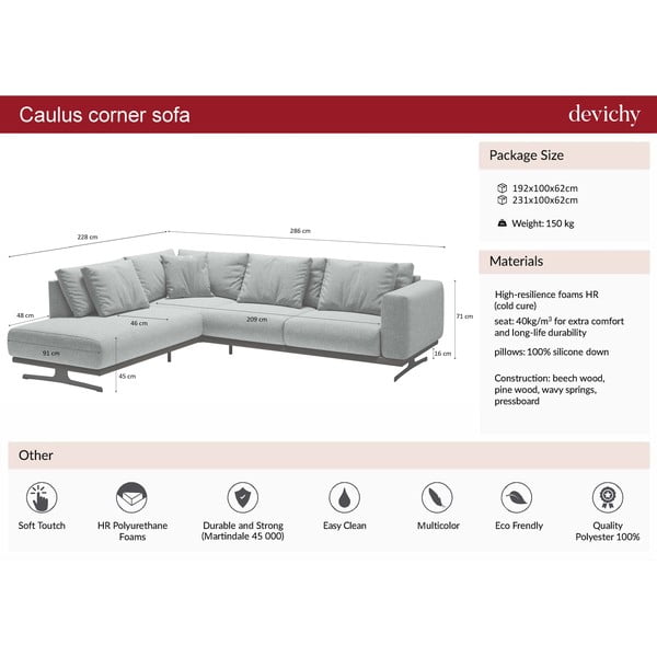 Colțar cu șezlong pe partea stângă devichy Caulus, gri deschis-image-4