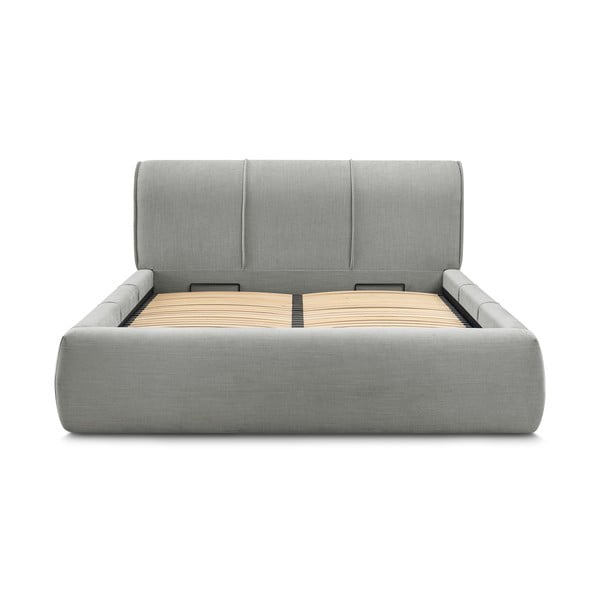 Pat matrimonial gri deschis tapițat cu spațiu de depozitare și somieră 180x200 cm Vernon – Bobochic Paris-image-3